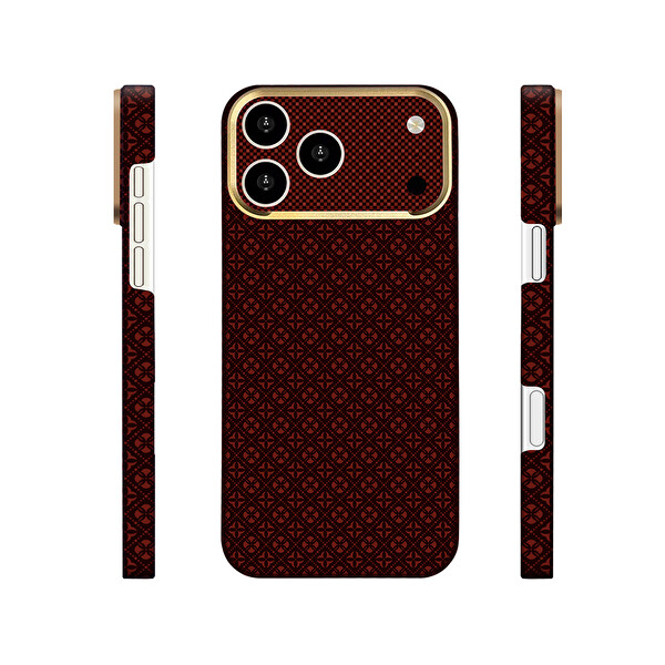 Başkenttekno iPhone 18 Pro MagSafe Kılıf Retro Çiçek Desenli Kamera Lens Korumalı Sert PC Kapak Bordo