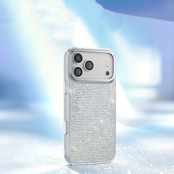 Başkenttekno iPhone 18 Pro Max MagSafe Kılıf El İşlemeli Swarovski Taşlı Riva Sert PC Kapak Gümüş