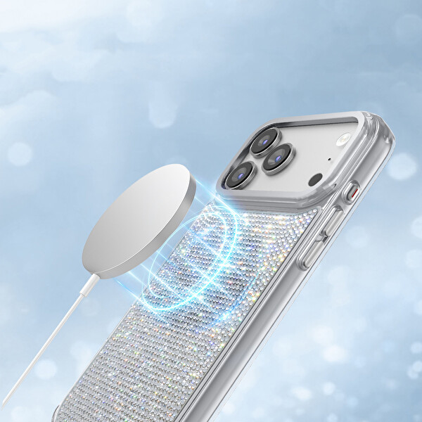 Başkenttekno iPhone 18 Pro Max MagSafe Kılıf El İşlemeli Swarovski Taşlı Riva Sert PC Kapak Gümüş