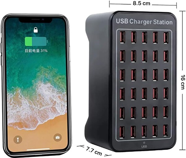 Coverzone YFY-A7 150W 30 Portlu 2.4A USB ENT Masaüstü Şarj İstasyonu
