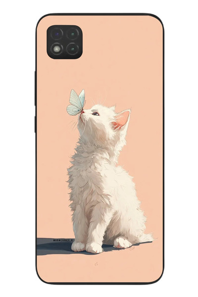 Le Balvo Redmi 9C Uyumlu Beyaz Kelebekli Kedi Baskılı Silikon Kılıf