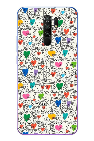 Le Balvo Redmi 9 Uyumlu Kalp Çizgileri Karışık Baskılı Silikon Kılıf