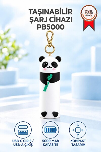 Torima PB5000 5000 Mah Panda Tasarımlı Anahtarlıklı Mini Powerbank Siyah Beyaz
