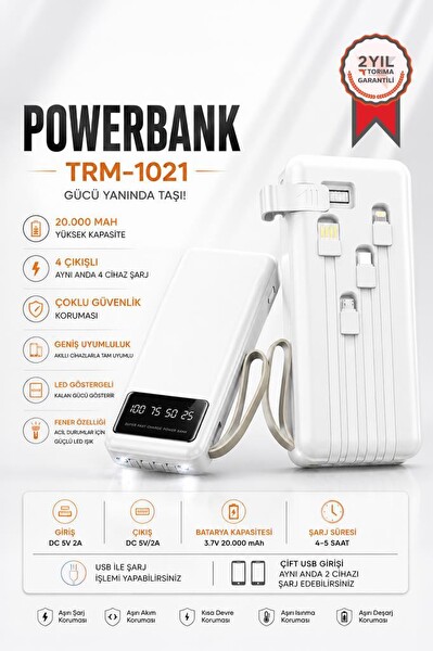 Torima TRM-1021 20000 Mah Ledli 4 Çıkışlı Taşınabilir Şarj Aleti Beyaz