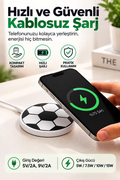 Torima MC07 Futbol Topu Görünümlü 15W Hızlı Kablosuz Şarj Cihazı Beyaz