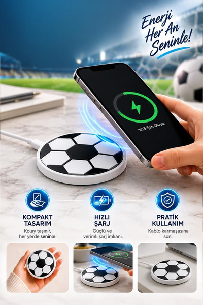 Torima MC07 Futbol Topu Görünümlü 15W Hızlı Kablosuz Şarj Cihazı Beyaz