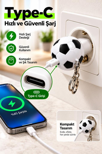 Torima C41 Futbol Topu Görünümlü Anahtarlıklı 20W Hızlı Şarj Cihazı Beyaz Siyah