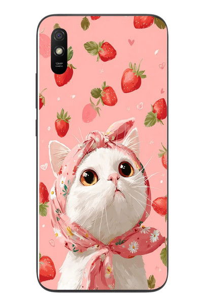 Le Balvo Redmi 9A Uyumlu Örtülü Kedi Çilekli Baskılı Silikon Kılıf
