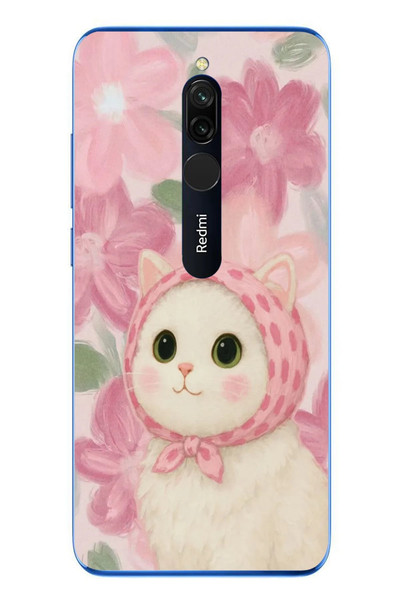 Le Balvo Redmi 8 Uyumlu Pembe Örtülü Kedi Baskılı Silikon Kılıf