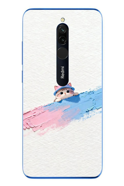 Le Balvo Redmi 8 Uyumlu Pembe Mavi Kedi Baskılı Silikon Kılıf