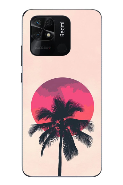 Le Balvo Redmi 10C Uyumlu Palmiye Kırmızı Ay Baskılı Silikon Kılıf