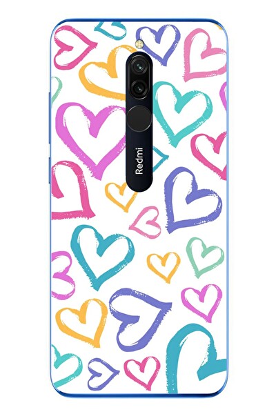 Le Balvo Redmi 8 Uyumlu Modern Çizgi Kalpler Baskılı Silikon Kılıf