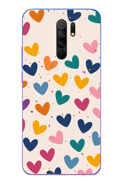 Le Balvo Redmi 9 Uyumlu Mavi Sarı Kalpler Baskılı Silikon Kılıf