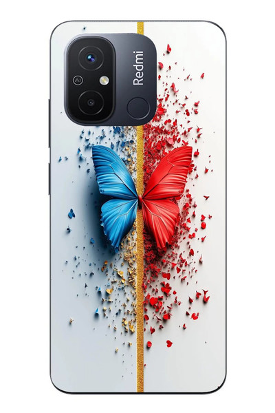 Le Balvo Redmi 12C Uyumlu Kırmızı Mavi Kelebek Baskılı Silikon Kılıf