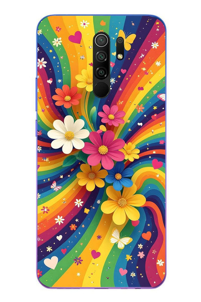 Le Balvo Redmi 9 Uyumlu Renkli Gökkuşağı Çiçekleri Baskılı Silikon Kılıf