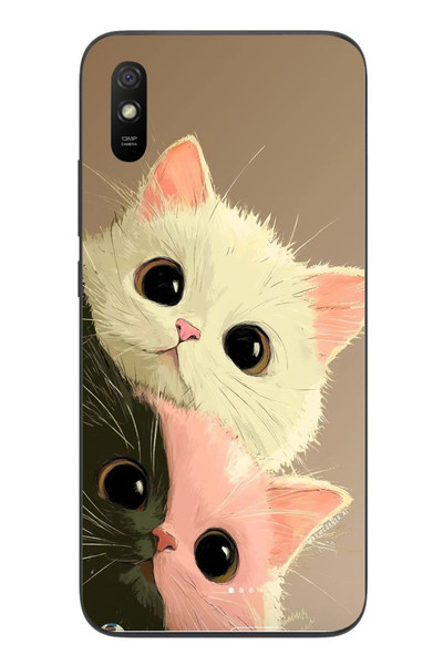 Le Balvo Redmi 9A Uyumlu Pembe Siyah Beyaz Kedi Baskılı Silikon Kılıf
