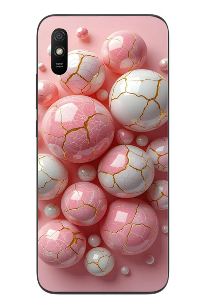 Le Balvo Redmi 9A Uyumlu Pembe Beyaz Kırık Toplar Baskılı Silikon Kılıf