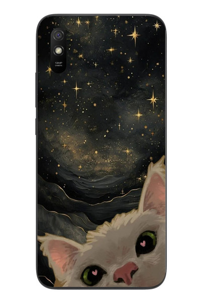 Le Balvo Redmi 9A Uyumlu Siyah Gökyüzülü Kedi Baskılı Silikon Kılıf