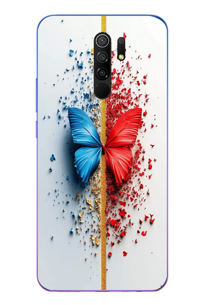 Le Balvo Redmi 9 Uyumlu Kırmızı Mavi Kelebek Baskılı Silikon Kılıf