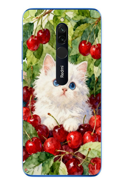 Le Balvo Redmi 8 Uyumlu Kirazlı Kedi Baskılı Silikon Kılıf