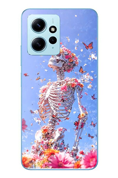 Le Balvo Redmi Note 12 4G Uyumlu İskelet Çiçekleri Baskılı Silikon Kılıf