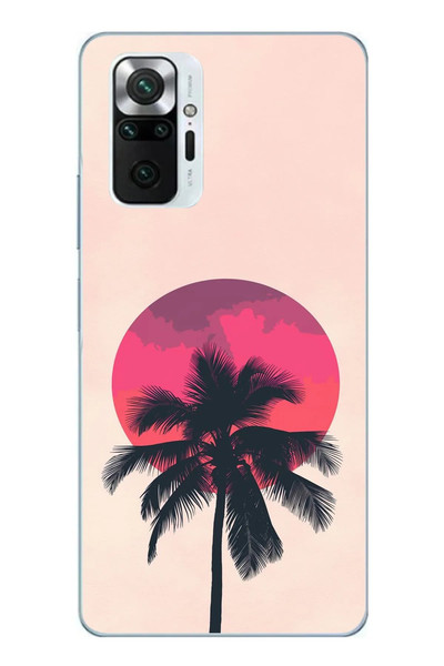 Le Balvo Redmi Note 10 Pro Uyumlu Palmiye Kırmızı Ay Baskılı Silikon Kılıf