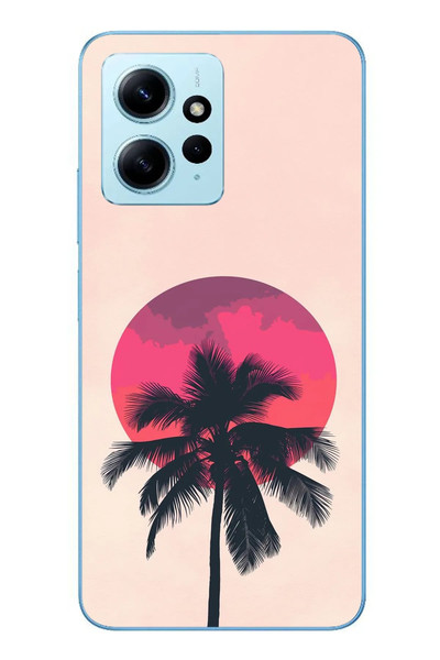 Le Balvo Redmi Note 12 4G Uyumlu Palmiye Kırmızı Ay Baskılı Silikon Kılıf