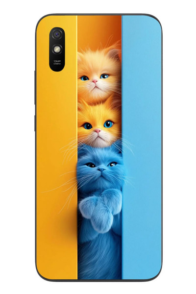 Le Balvo Redmi 9A Uyumlu Mavi Sarı Kediler Baskılı Silikon Kılıf