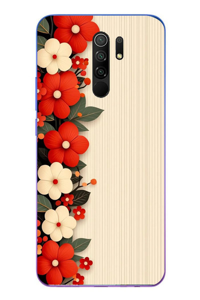 Le Balvo Redmi 9 Uyumlu Kırmızı Beyaz Çiçekler Baskılı Silikon Kılıf