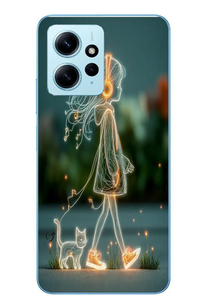 Le Balvo Redmi Note 12 4G Uyumlu Kedili Neon Kız Baskılı Silikon Kılıf