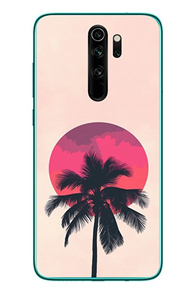 Le Balvo Redmi Note 8 Pro Uyumlu Palmiye Kırmızı Ay Baskılı Silikon Kılıf