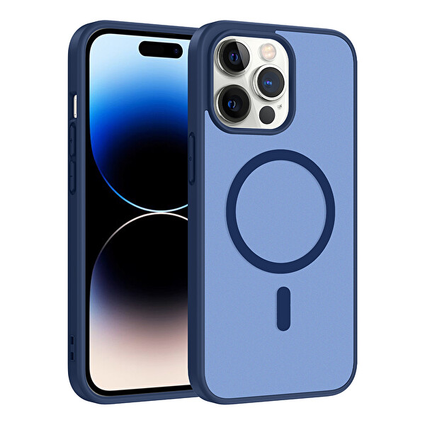 Başkenttekno iPhone 14 Pro Kılıf Mat Magsafe Şarj Hassas Butonlu Renkli Yumuşak Kenarlı Premium Babet Kapak Mavi