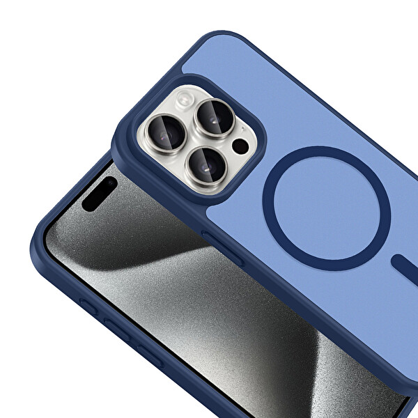 Başkenttekno iPhone 15 Pro Kılıf Mat Magsafe Şarj Hassas Butonlu Renkli Yumuşak Kenarlı Premium Babet Kapak Mavi