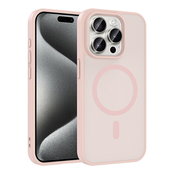 Başkenttekno iPhone 15 Pro Kılıf Mat Magsafe Şarj Hassas Butonlu Renkli Yumuşak Kenarlı Premium Babet Kapak Pembe