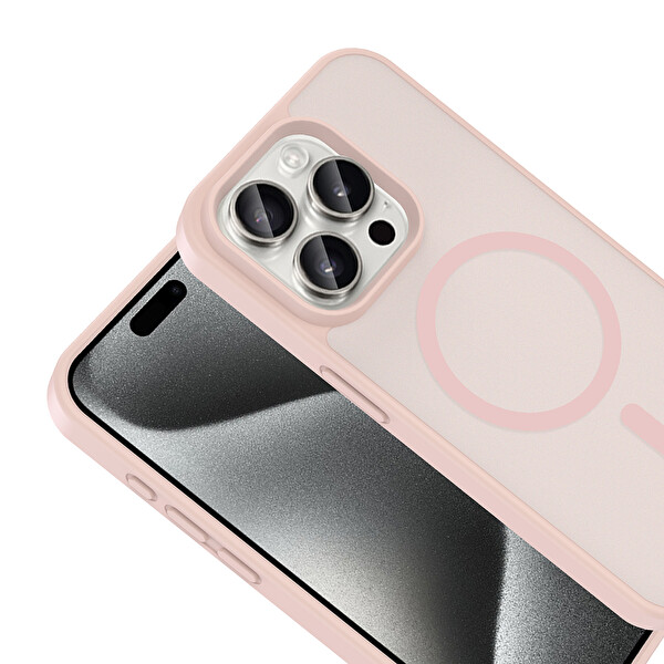 Başkenttekno iPhone 15 Pro Kılıf Mat Magsafe Şarj Hassas Butonlu Renkli Yumuşak Kenarlı Premium Babet Kapak Pembe