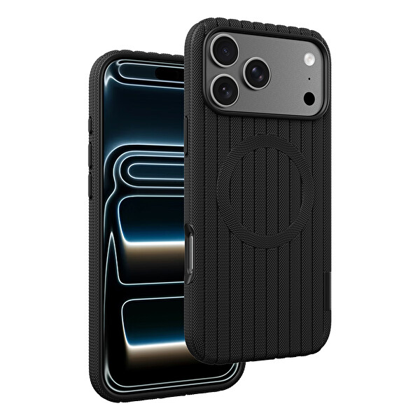 Başkenttekno iPhone 17 Pro Kılıf MagSafe Şarj Özellikli Çizgi Desenli Kumaş Dokulu Lorin Kapak Siyah