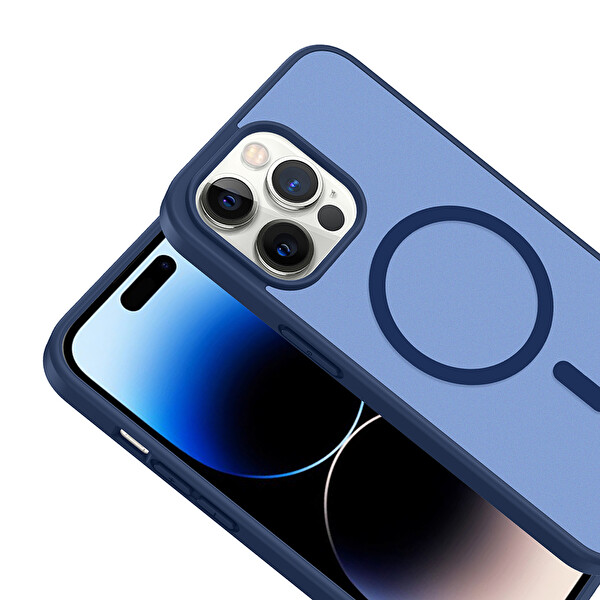Başkenttekno iPhone 14 Pro Max Kılıf Mat Magsafe Şarj Hassas Butonlu Renkli Yumuşak Kenarlı Premium Babet Kapak Mavi