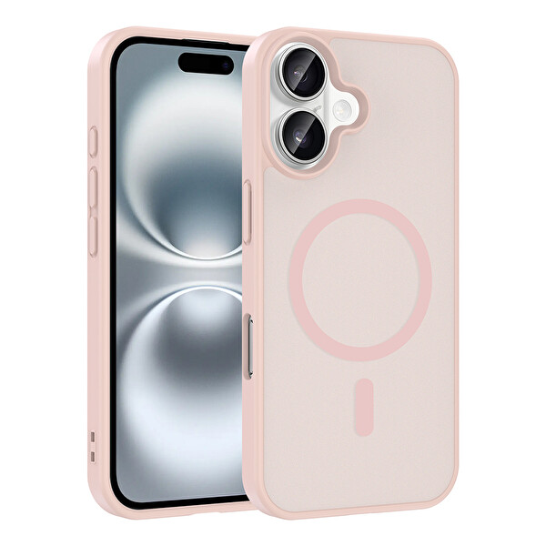 Başkenttekno iPhone 16 Plus Kılıf Mat Magsafe Şarj Hassas Butonlu Renkli Yumuşak Kenarlı Premium Babet Kapak Pembe