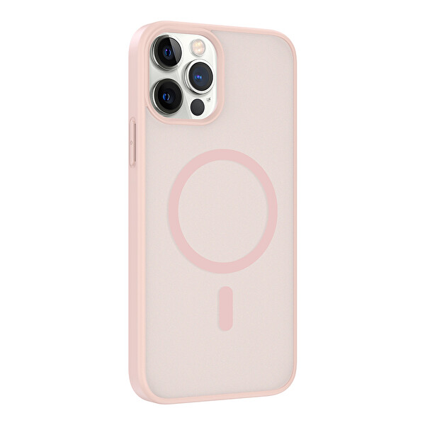 Baymak iPhone 12 Kılıf Mat Magsafe Şarj Özellikli Hassas Butonlu Renkli Yumuşak Kenarlı Premium Babet Kapak Pembe
