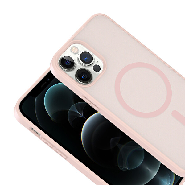 Baymak iPhone 12 Kılıf Mat Magsafe Şarj Özellikli Hassas Butonlu Renkli Yumuşak Kenarlı Premium Babet Kapak Pembe