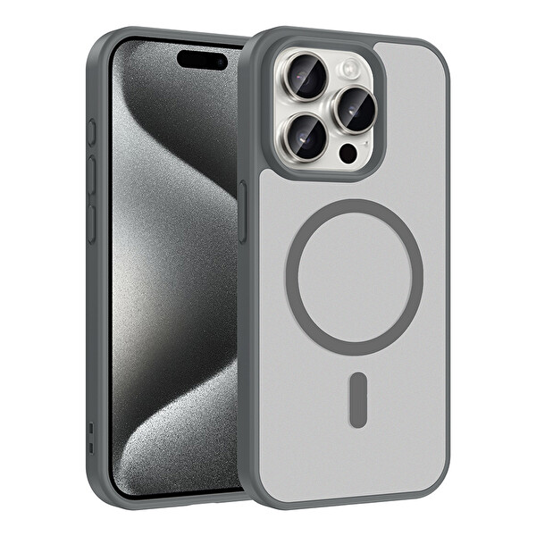 Başkenttekno iPhone 15 Pro Max Kılıf Mat Magsafe Şarj Hassas Butonlu Renkli Yumuşak Kenarlı Premium Babet Kapak Gri