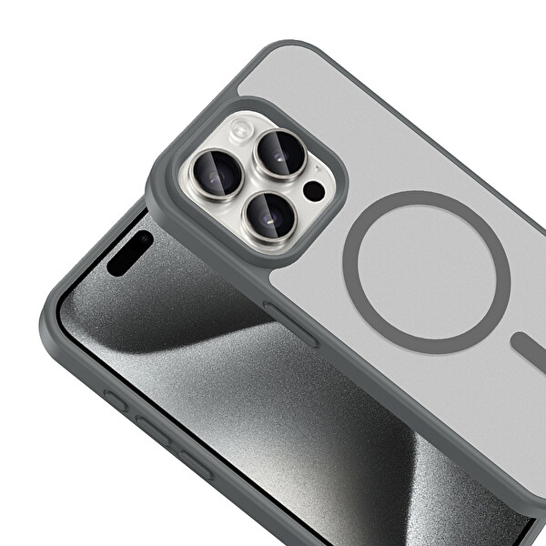 Başkenttekno iPhone 15 Pro Max Kılıf Mat Magsafe Şarj Hassas Butonlu Renkli Yumuşak Kenarlı Premium Babet Kapak Gri