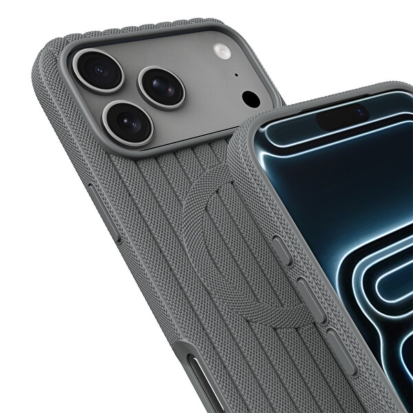 Başkenttekno iPhone 17 Pro Kılıf MagSafe Şarj Özellikli Çizgi Desenli Kumaş Dokulu Lorin Kapak Gri