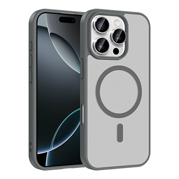 Başkenttekno iPhone 16 Pro Max Kılıf Mat Magsafe Şarj Hassas Butonlu Renkli Yumuşak Kenarlı Premium Babet Kapak Gri