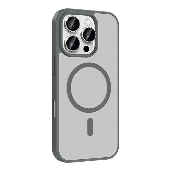 Başkenttekno iPhone 16 Pro Max Kılıf Mat Magsafe Şarj Hassas Butonlu Renkli Yumuşak Kenarlı Premium Babet Kapak Gri