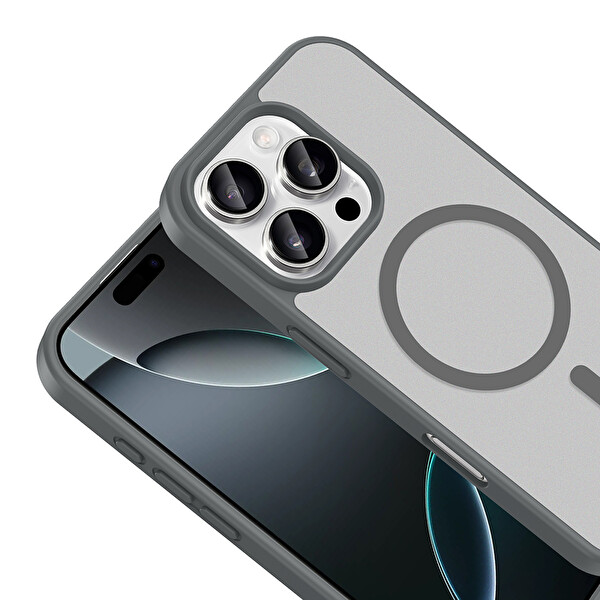 Başkenttekno iPhone 16 Pro Max Kılıf Mat Magsafe Şarj Hassas Butonlu Renkli Yumuşak Kenarlı Premium Babet Kapak Gri