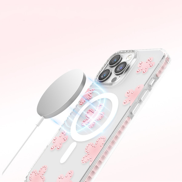 Başkenttekno iPhone 16 Pro Max MagSafe Destekli Parlak Taşlı Tasarımlı Kamera Korumalı Elvo Kılıf Pembe