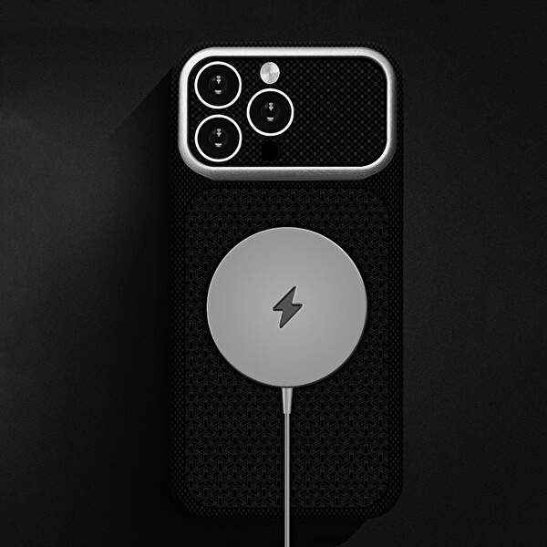 Başkenttekno iPhone 16 Pro Uyumlu Magsafe iPhone 18 Pro Max Görünümlü Karbon Fiber Görünümlü Dokulu Nexel Siyah