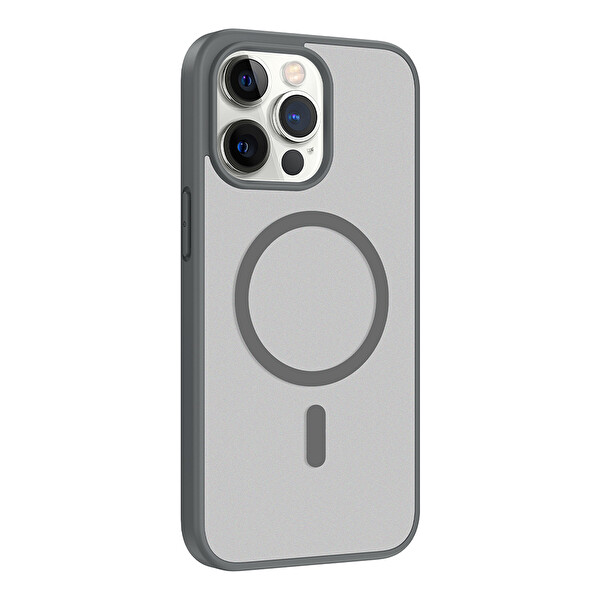 Başkenttekno iPhone 14 Pro Kılıf Mat Magsafe Şarj Hassas Butonlu Renkli Yumuşak Kenarlı Premium Babet Kapak Gri