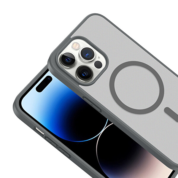 Başkenttekno iPhone 14 Pro Kılıf Mat Magsafe Şarj Hassas Butonlu Renkli Yumuşak Kenarlı Premium Babet Kapak Gri